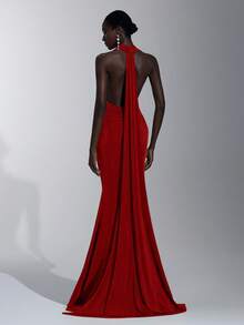 Elitara Elegant, Romantic, Sexy, Minimalist, Green, Knitted Fabric, Halter Neck, Cinched Waist, Mermaid Hem, Fashionable, Influencer Style, Holiday, Vacation, Birthday Party, Wedding Event, Bridesmaid Dress - Burgundy - View 1