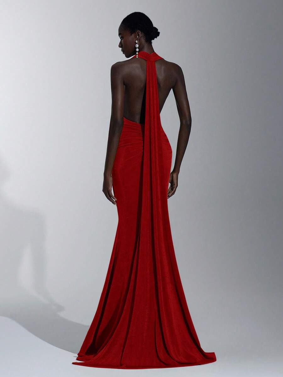 Elitara Elegant, Romantic, Sexy, Minimalist, Green, Knitted Fabric, Halter Neck, Cinched Waist, Mermaid Hem, Fashionable, Influencer Style, Holiday, Vacation, Birthday Party, Wedding Event, Bridesmaid Dress - Burgundy - View 1