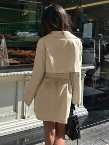 Aloruh 女士优雅翻领腰带卡其色纯色中长款风衣 - 卡其色 - 查看 3