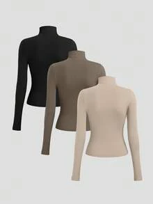 Sweetra Conjunto de camiseta de cuello alto de terciopelo de ajuste ceñido y cómodo para mujer, otoño/invierno - Multicolor - Ver 2