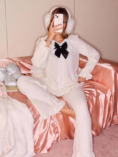 SweetSlumber Cute Bow Decor Long Sleeve Top & Pants Women Fluffy Pajama Set, Fall Winter Clothes