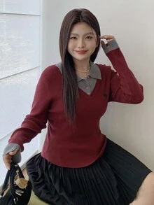 Dazy Plus 圣诞节和新年拼色衬衫领二合一休闲大码女式刺绣图案时尚秋季套头毛衣 - 紅色 - 查看 6