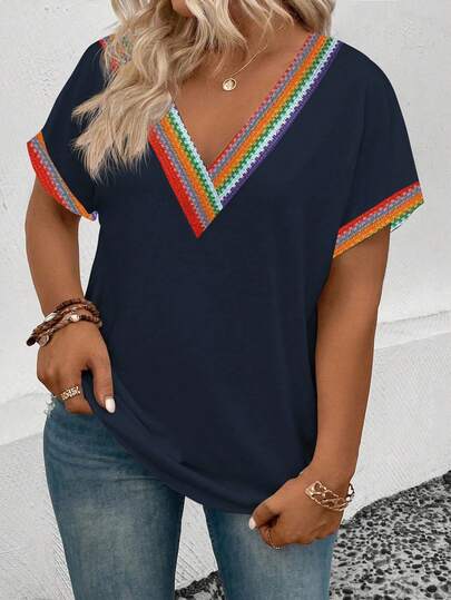 SHEIN Women Casual V-Neck Short Sleeve Colorful Graphic Print Patchwork Hem & Cuff Vintage Style Plus Size T-Shirt