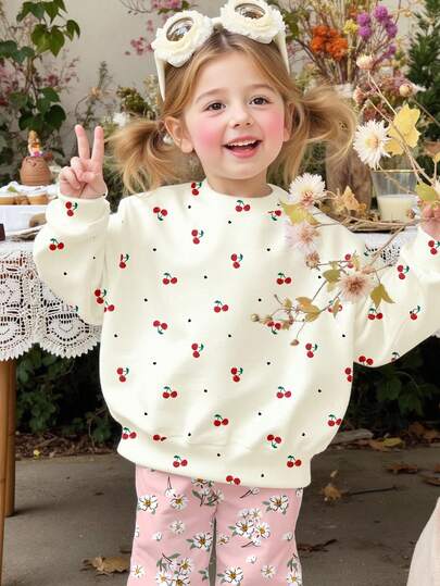 SHEIN Happikins 奶油白少女复古甜美迷你樱桃印花短款田园风粉彩花卉自然风卫衣，送给园艺爱好者的礼物，休闲宽松圆领舒适日常针织长袖卫衣，适合秋冬季节、户外野餐、郊游、街头摄影、居家穿着，街头复古风，轻松舒适，秋季叠穿，2000年代风格，Y2K服饰，冬季服装，秋季运动套装