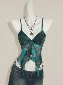 SHEIN ICON Women's Millennial Y2K Sexy Bohemian Retro Teal Paisley Print Asymmetrical Hem Ruffled V-Neck Slim Fit Camisole - Black - View 4