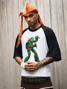 ROMWE MEN TEENAGE MUTANT NINJA TURTLES X ROMWE 男式街头风格龟纹印花撞色插肩袖T恤 - 黑與白 - 查看 9