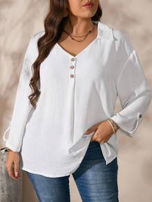 SHEIN Top de Manga Longa Minimalista de Cor Sólida Plus Size, Uso Casual - Branco - Visão 1