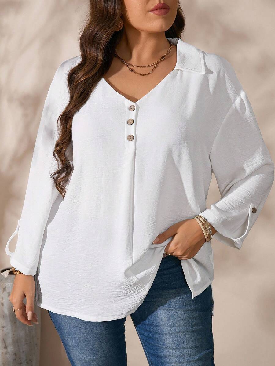 SHEIN Top de Manga Longa Minimalista de Cor Sólida Plus Size, Uso Casual - Branco - Visão 1