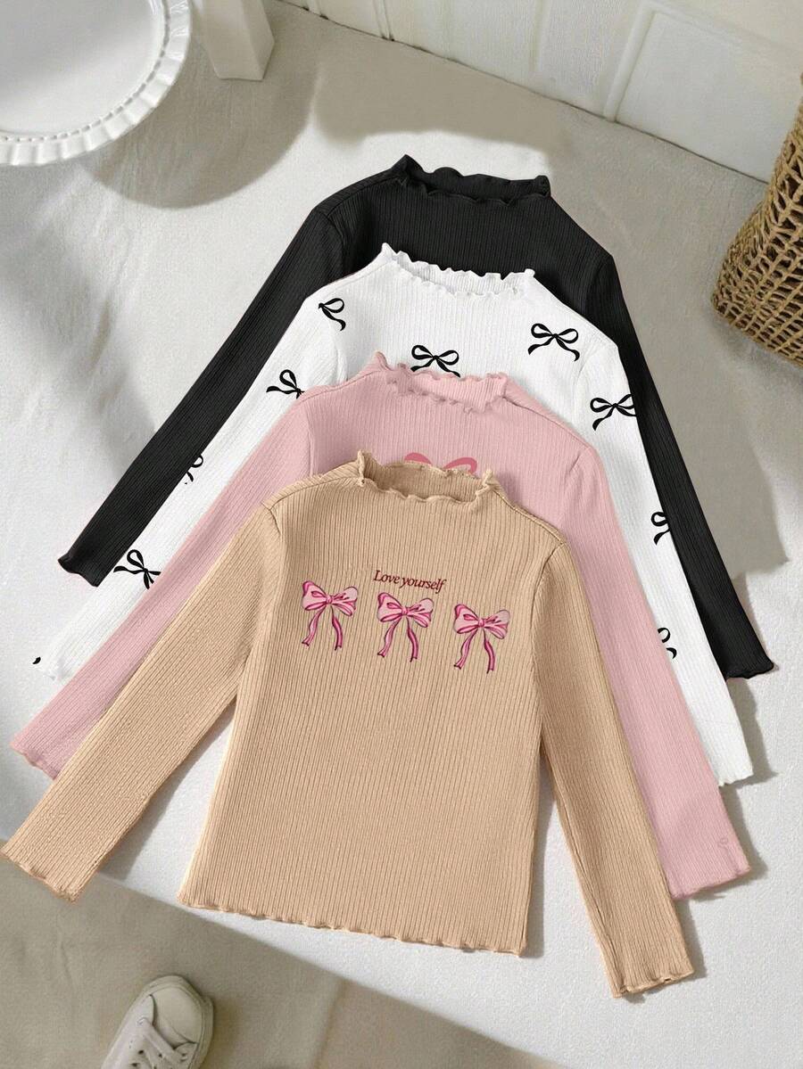 SHEIN 青少年女孩休闲舒适漏斗领多件装T恤 - 白色 - 查看 1