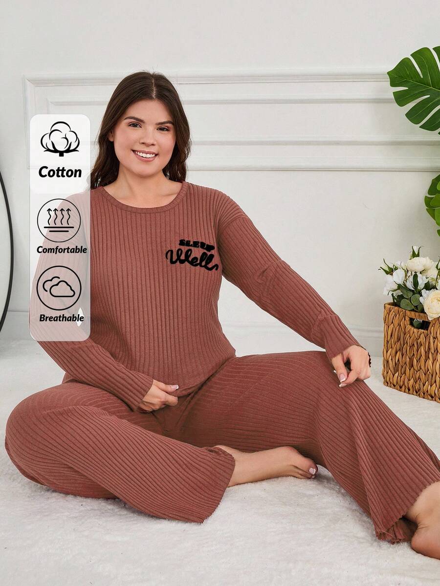 2 pezzi 100% cotone, set pigiama con camicia a maniche lunghe e pantaloni lunghi con stampa slogan