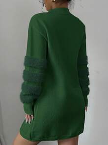 Elenzga Solid Color Casual Long Sleeve Women Sweater Dress - Dark Green - View 2