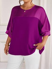 Cravure Plus Size Purple Autumn Elegant Formal Round Neck 3/4 Raglan Sleeve Metallic Fabric Patchwork Contrast Color Woven Cuff Casual Commute Party Shirt - Red Violet - View 3