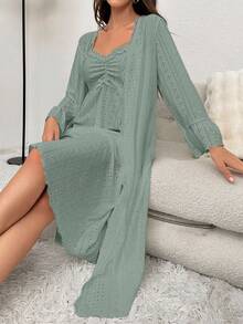 Solid Cami Nightdress & Ruched Frill Trim Robe Pajama Set - Mint Green - View 6