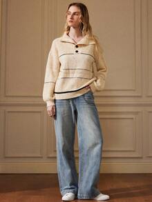 Écloséra Women's Casual Drop Shoulder Striped Button Half-Placket Pullover Sweater, Autumn/Winter