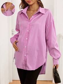 SHEIN Maternity Casual Commuter Striped Side Slit Tie-Up Shirt Button Up Women Shirt Women Shirts And Blouses Long Sleeve Blouses Tie Up Shirt Office Blouses - Pink - View 7