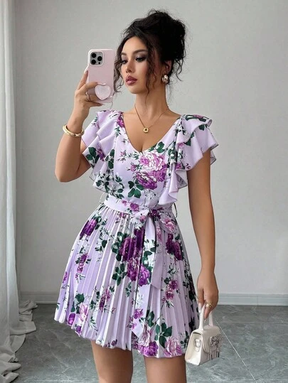 Elenzga Rochie romantică elegantă de vacanță, cu mâneci volane, decolteu în V, talie strânsă, plisată, linie A, imprimeu floral, mov