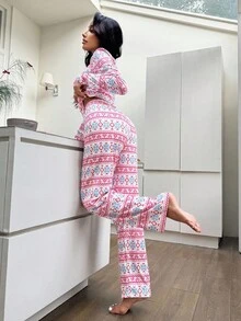 ZzzCrew 粉色爱心雪花印花长袖上衣和裤子休闲女式睡衣套装，秋冬服装，圣诞节礼物 - 粉色 - 查看 2