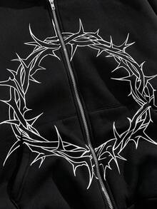 ROMWE MEN Goth Sudadera con capucha casual de manga larga con cremallera y cuello, con estampado gótico oscuro, para otoño - Negro - Ver 3