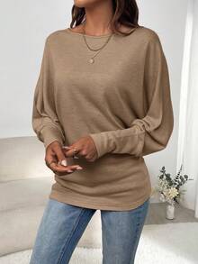 SHEIN Clasi Áo thun tay cánh dơi trơn màu đơn giản dành cho nữ - Lạc đà - Xem 4