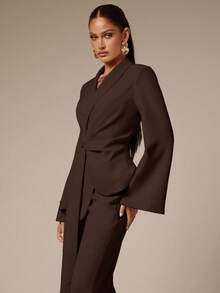 Silquee Áo khoác vest buộc eo màu trơn thanh lịch, thích hợp mặc đi làm thời trang thu đông cho nữ - Cà phê nâu - Xem 3