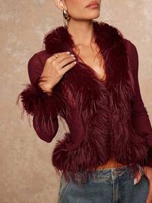Lumalex Winterlicher Faux-Pelz Patchwork Kragen & Manschetten, transparente Mesh Taille Damen Top in Burgunderrot, Federn Kleid in Bordeauxrot, Luxus Abendkleid für Feiern, Partys, Hochzeiten, Urlaub, Weihnachten und Silvester - Bordeaux - Übersicht 6