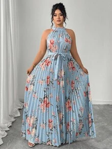 Elenzga Đầm maxi cổ yếm xếp ly họa tiết hoa lãng mạn, thanh lịch, quyến rũ cỡ lớn dành cho nữ - Màu xanh lam - Xem 5