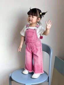 SHEIN 女婴3D蝴蝶结装饰蓝色牛仔背带裤，儿童女童春夏休闲度假乡村波西米亚风服装，儿童女童沙滩装，女童西部街头风服装，春假服装，锐舞派对服装牛仔背带裤，女婴秋冬度假服装 - 粉色 - 查看 6