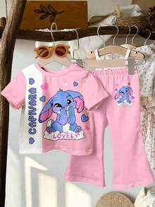 SHEIN Kawaii, Fall, Cute Cartoon Blue Rabbit Lulu, Pink Patchwork Print, Chill Chill, Young Girl Casual Minimalist Cartoon Pattern Round Neck Short Sleeve Top And Flare Pants 2 Pieces Set, Suitable For Summer, Outdoor Picnic, Outing, Street Style, Home, Bohemian - Multicolor - View 2