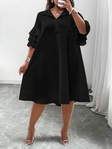 SHEIN CURVE+ Bộ sưu tập trang phục nữ mới năm 2025 - Rave, Lễ Phục sinh, Phong cách Old Money, Hòa nhạc đồng quê, Đi chơi, Fairycore, Lễ hội, Kỳ nghỉ nhiệt đới, Phù hợp cho mùa xuân/hè, Trang phục mùa hè, Rave, Mùa hè châu Âu, Mùa xuân, Trang phục phương Tây Plus, Hòa nhạc, Tốt nghiệp, Đa năng cho việc đi lại hàng ngày, Trang phục công sở thường ngày, Trang phục đi biển tối giản thường ngày - Áo sơ mi tay bèo nhún nhiều lớp, Đầm midi viền bất đối xứng, Đường cong Plus, Váy boho đi nghỉ có tay cỡ lớn 8xl Quần áo nữ Váy bèo nhún cỡ lớn 5xl cỡ lớn Plus Size - màu đen - Xem 2