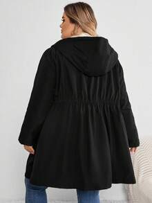 SHEIN CURVE+ 大码女装/秋季服装/秋季女装/冬季女装/冬季女装大码女式长袖前袋休闲宽松连帽抓绒冬装外套大码夹克8XL女装6XL加大码女装5XL加大码女装大码女装 - 黑色 - 查看 2