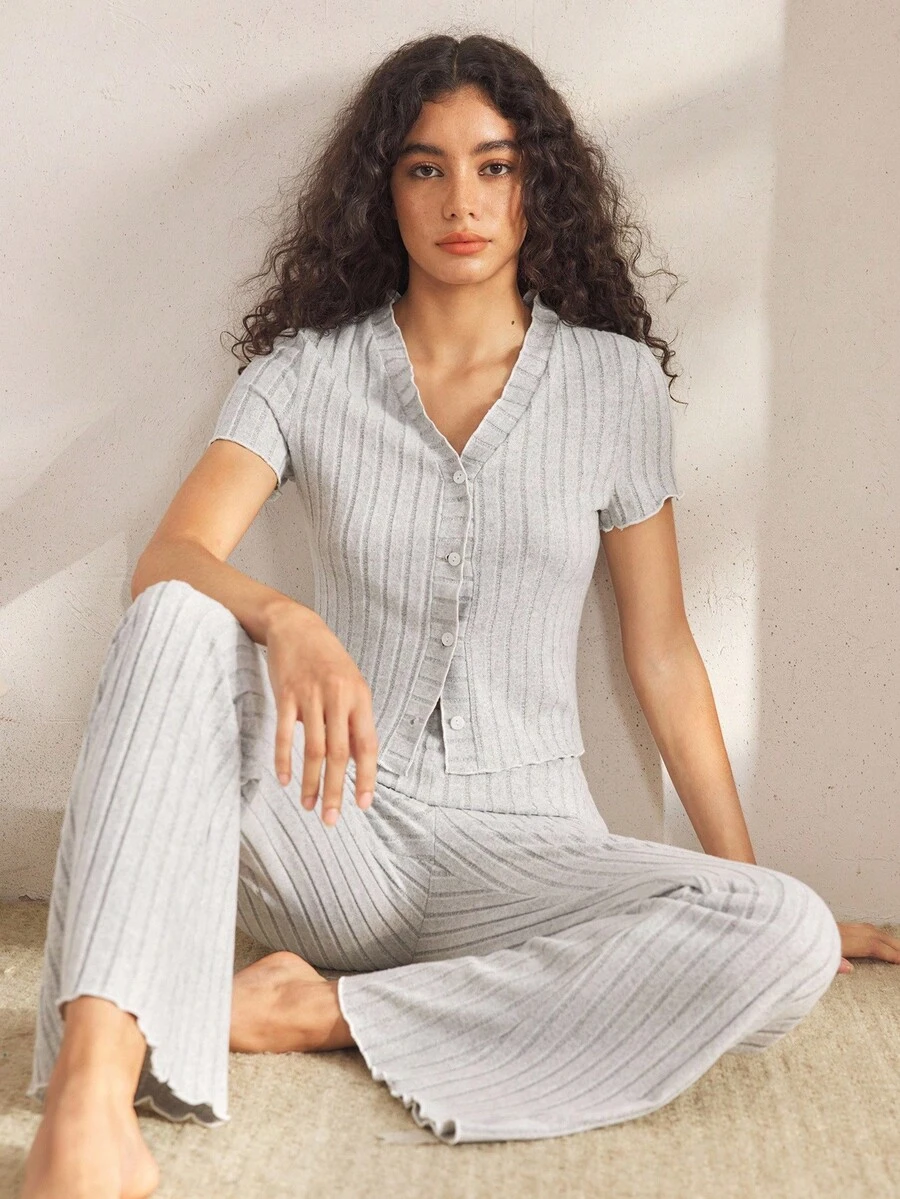 Ocili Women's Ribbed Front Button Short Sleeve Top And Long Pants Pajama Set - Light Grey - View 1