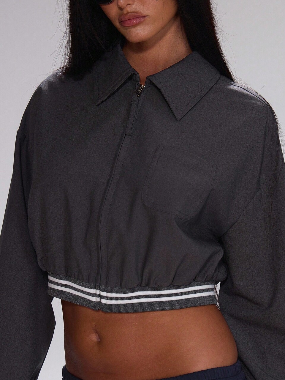 Zip Up Striped Cuffed Hem Cropped Jacket Cute Teacher Back To School Casual Work Streetwear Sporty Work Wear Corporate Run Winter