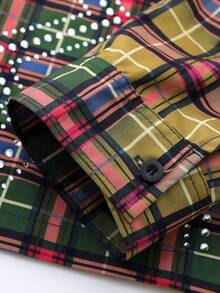 ROMWE MEN Street Life Men's Shirt With Rhinestone Plaid Pattern, Long Sleeve, Streetwear American Style - Khaki - View 7