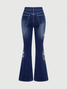 J-Fashion 女式复古 Y2K 花卉图案水钻装饰喇叭牛仔裤 - 藍色 - 查看 2