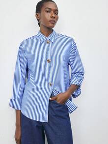 Maija 女式休闲条纹纽扣长袖衬衫，秋季