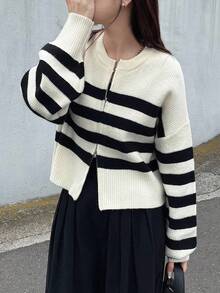FRIFUL Women's Beige Round Neck Loose Casual Cardigan With Black Stripes, Metal Double-Zipper Cuffs, Versatile For Autumn - Black - View 1
