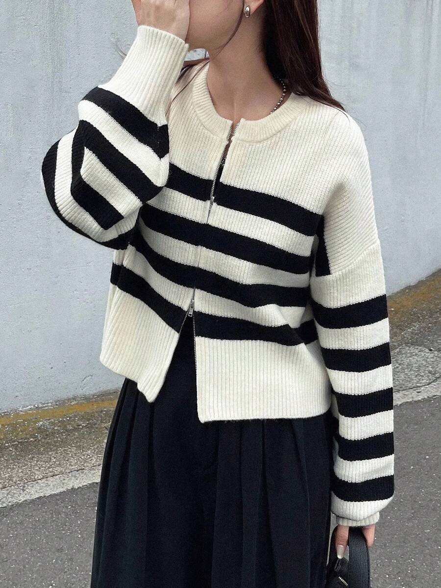 FRIFUL Women's Beige Round Neck Loose Casual Cardigan With Black Stripes, Metal Double-Zipper Cuffs, Versatile For Autumn - Black - View 1