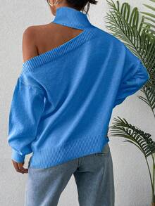 EURMUSE Solid Cut Out High Neck Drop Shoulder Sweater - Blue - View 2