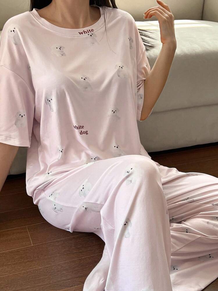 Cute Dog Pattern All-Over Print Loose T-Shirt And Straight Pajama Pants 2pcs Women Sleepwear Set