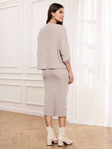 Miaspire Women's Bat Wing Crew Neck T-Shirt And Midi Pencil Skirt 2pcs Casual Outfit Set, Textured Fabric, Elegant For Work & Outings In Fall/Winter