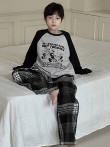 Dazy Kids Tween Boy Contrast Color Patchwork Cartoon Slogan Print Long Sleeve Top & Plaid Pants Pajama Set - Grey - View 1