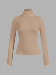 SHEIN EZwear Bộ 3 áo thun ôm sát cổ cao tay dài màu đen, kaki, trắng dành cho nữ, phù hợp cho mùa thu/đông - Nhiều màu - Xem 10