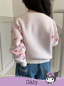 DAZY HELLO KITTY AND FRIENDS | SHEIN 少女心形图案前扣开衫，秋冬 - 米色 - 查看 3