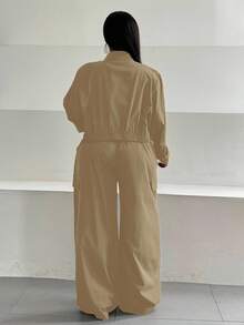 Maweii Bộ 2 món áo khoác và quần lửng màu trơn thường ngày cỡ lớn - Màu Khaki - Xem 7