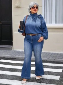 EMERY ROSE Plus Size Women's Fashion Bow Denim Blouse - Dark Wash - View 2