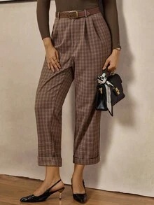 Zelara Plus Size Women Retro Plaid Casual Commuter Pants Plaid Pants Paper Bag Pants Brown Pants For Women Checkered Pants Cropped Plaid Pants Brown Pants All Clothes For Women Winter Clothes For Women Brown Pants Women's Winter Clothes Fall Clothes For Women Thanksgiving Outfit For Women Casual Dresses For Women Cropped Pants