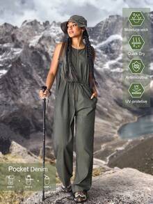 SHEIN EZwear 女式休闲户外简约纯色拉链前抽绳腰部无袖牛仔连体裤 - 綠色 - 查看 1