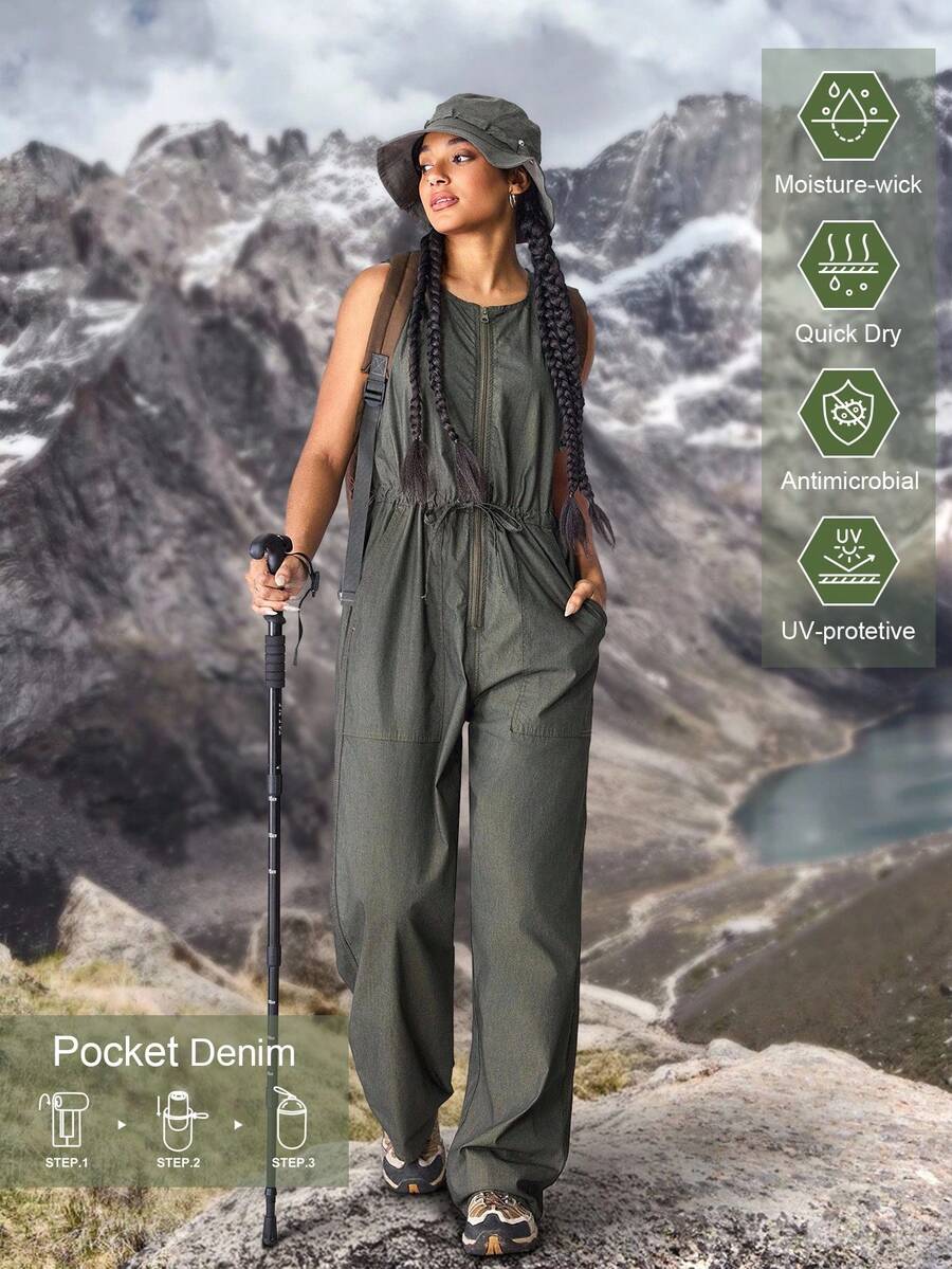 SHEIN EZwear 女式休闲户外简约纯色拉链前抽绳腰部无袖牛仔连体裤 - 綠色 - 查看 1