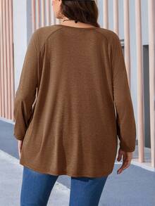 EMERY ROSE Plus Size Round Neck Long Sleeve Casual Loose Soft Appealing Winter T-Shirt,Fall Clothes - Brown - View 2