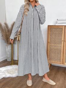 EMERY ROSE 女式条纹落肩长袖纽扣半襟休闲宽松衬衫裙 - 黑與白 - 查看 7